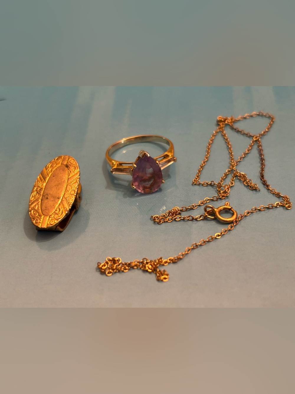 Vintage 14K Yellow Gold Pear Shaped Amethyst Ring + Antique GF Pieces Lot